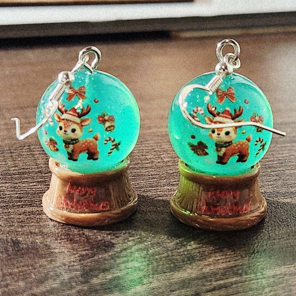 Christmas Reindeer Snow Globe Drop Earrings Teal Green Festive Holiday 1.5"